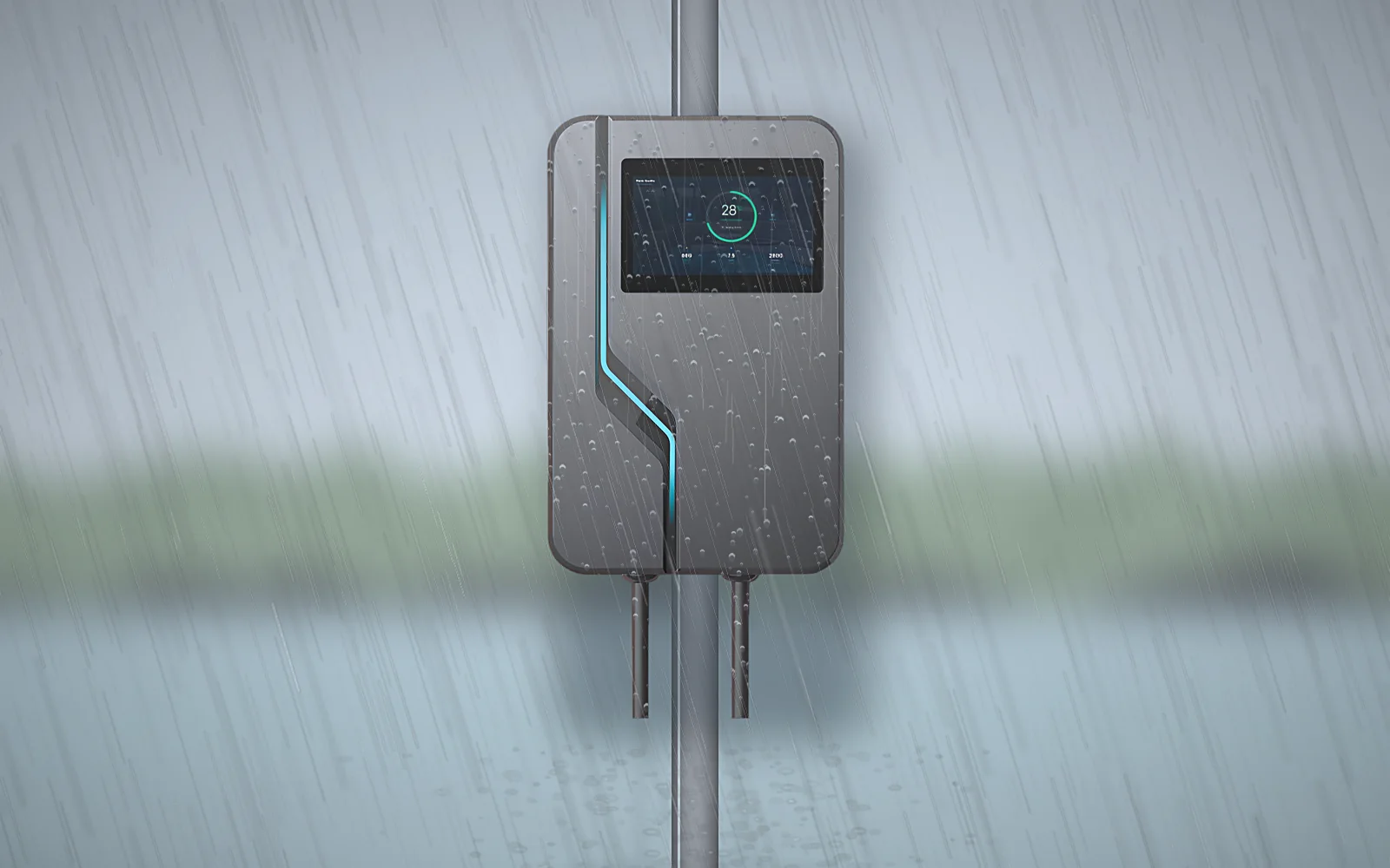 The unit pole-mounted outdoors in heavy rain, water beading across the housing while the display stays lit