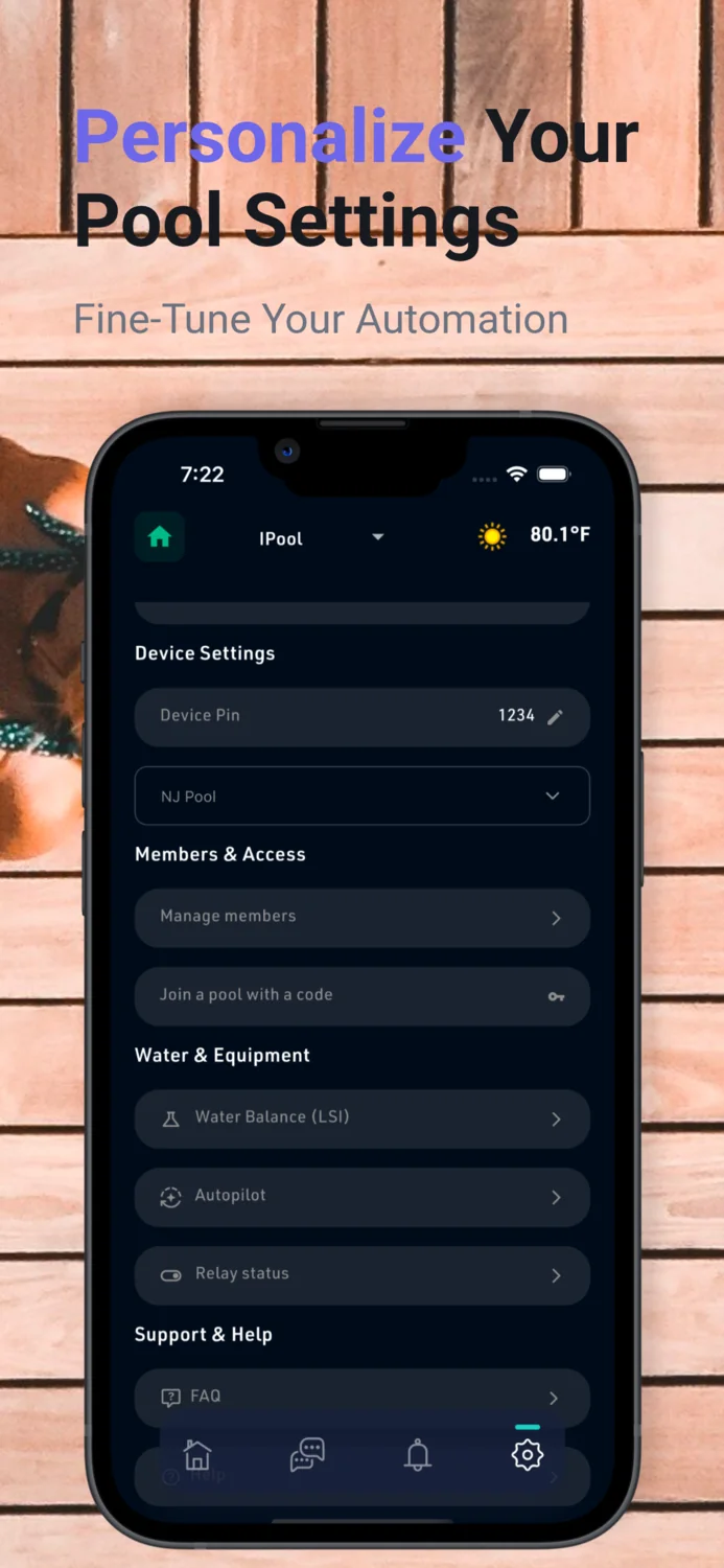 NexPool Connect settings screen showing device settings, members and access, water and equipment