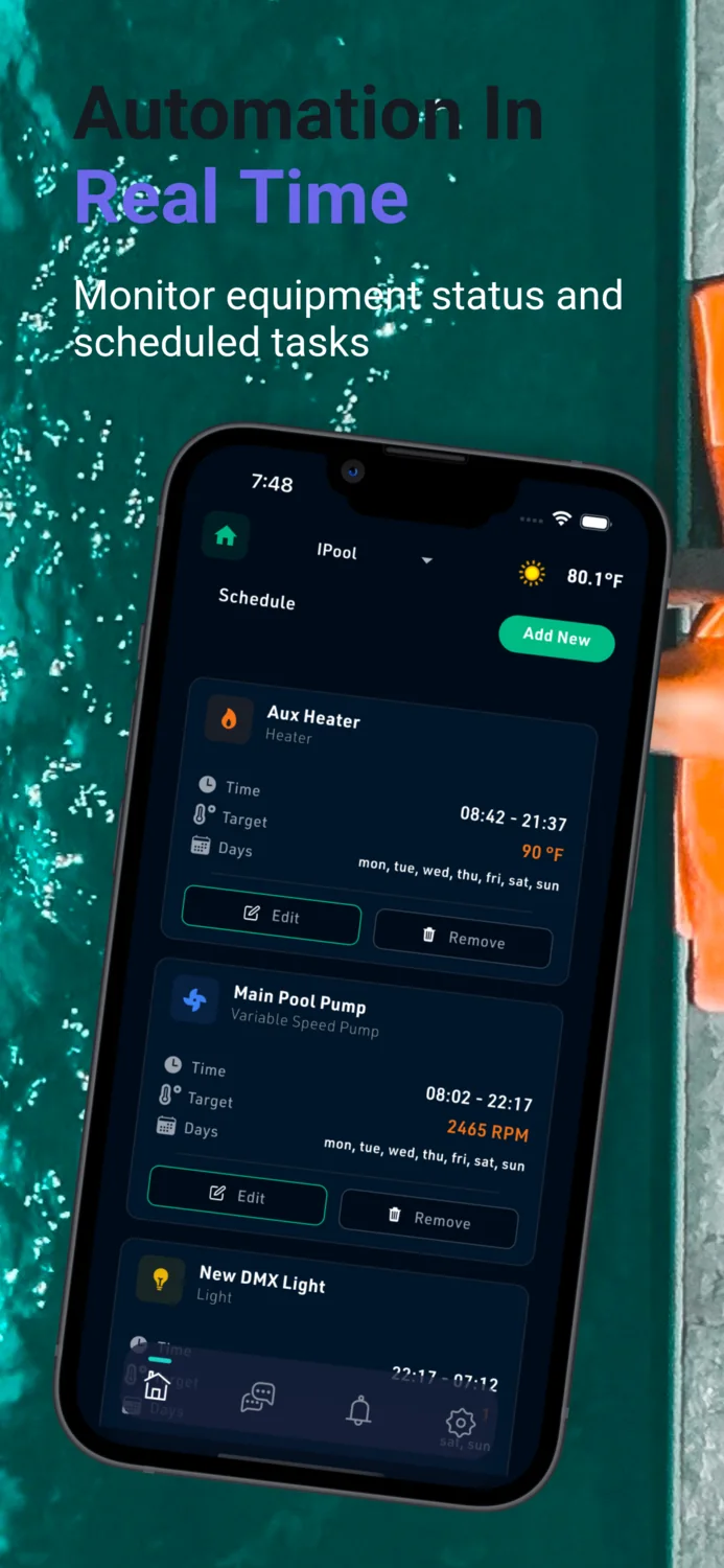 NexPool Connect schedule screen showing live equipment status for heater, pump and lighting